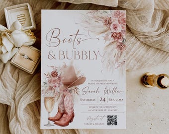 Boots and Bubbly Bridal Shower Invitation with QR Code, Cowgirl Bridal Shower Invite, Boho Western Bridal Shower Printable Card