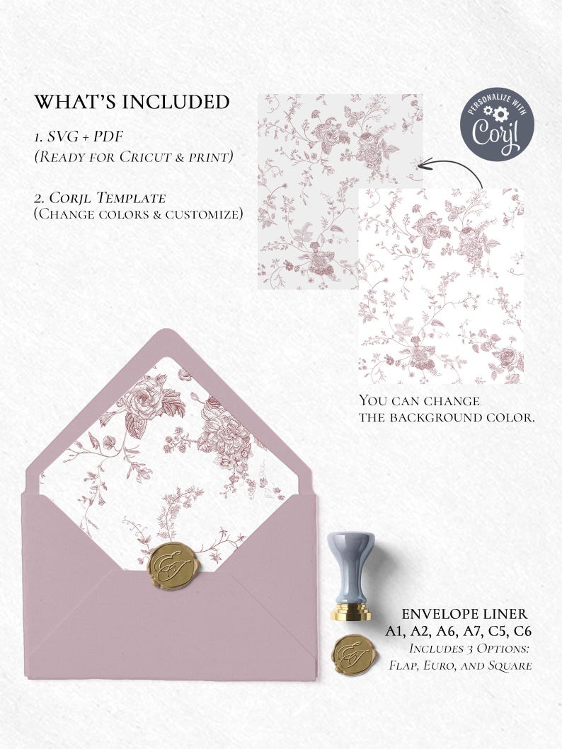 French Toile Envelope Liner Template, Pink Monogram Wedding Envelope Liner Template A1 A2 A6 A7 C5 C6, Digital File SVG, Instant Download