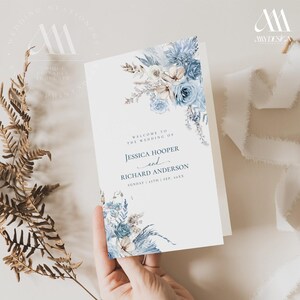 Blue Floral Catholic Wedding Program Template, Catholic Ceremony Programs (Digital Download) D018