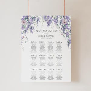 Purple Wisteria Wedding Seating Chart Template Printable, Seating Charts Sign, Find Your Seat Sign, Floral Wedding Seating Plan D014