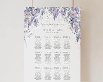 Plantilla imprimible de plano de asientos para bodas con glicinias moradas, letrero de planos de asientos, letrero para encontrar su asiento, plano de asientos para bodas con motivos florales D014