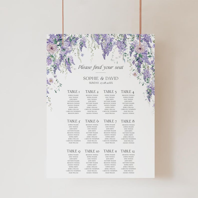 Purple Wisteria Wedding Seating Chart Template Printable, Seating Charts Sign, Find Your Seat Sign, Floral Wedding Seating Plan D014