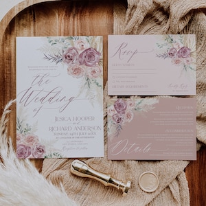 Dusty Rose Wedding Invitation Set: Blush Pink, Boho Pampas (Editable Printable) E010