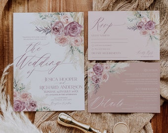 Hochzeitseinladungsset in Altrosa: Zartrosa, Boho-Pampas (Bearbeitbar, druckbar) E010