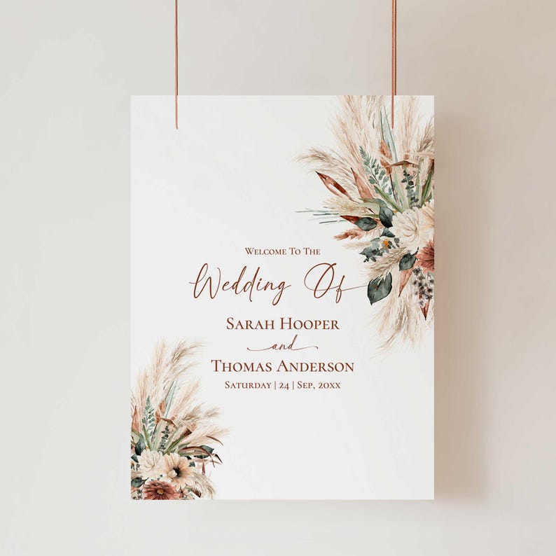 Boho Rustic Wedding Welcome Sign Template, Boho Wedding Signage Printable, Pampas Grass Greenery