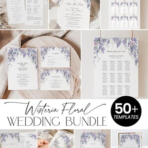 May include: A wedding stationery bundle featuring wisteria floral illustrations in shades of purple and green. The set includes invitations, RSVP cards, menus, seating charts, and programs with elegant serif and script typography on white paper.