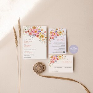 May include: A wedding invitation suite featuring a main invitation, a details card, and an RSVP card, all decorated with watercolor floral illustrations in pink, orange, and yellow. The text includes names, event details, and a QR code.