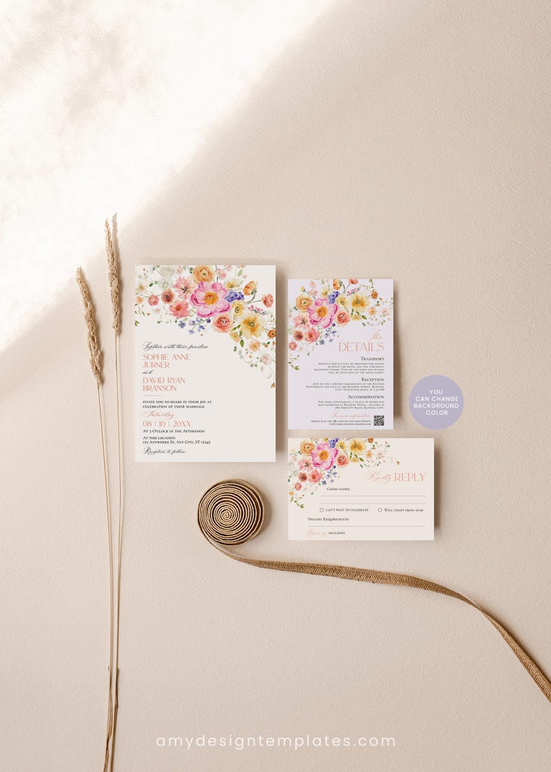 May include: A wedding invitation suite featuring a main invitation, a details card, and an RSVP card, all decorated with watercolor floral illustrations in pink, orange, and yellow. The text includes names, event details, and a QR code.