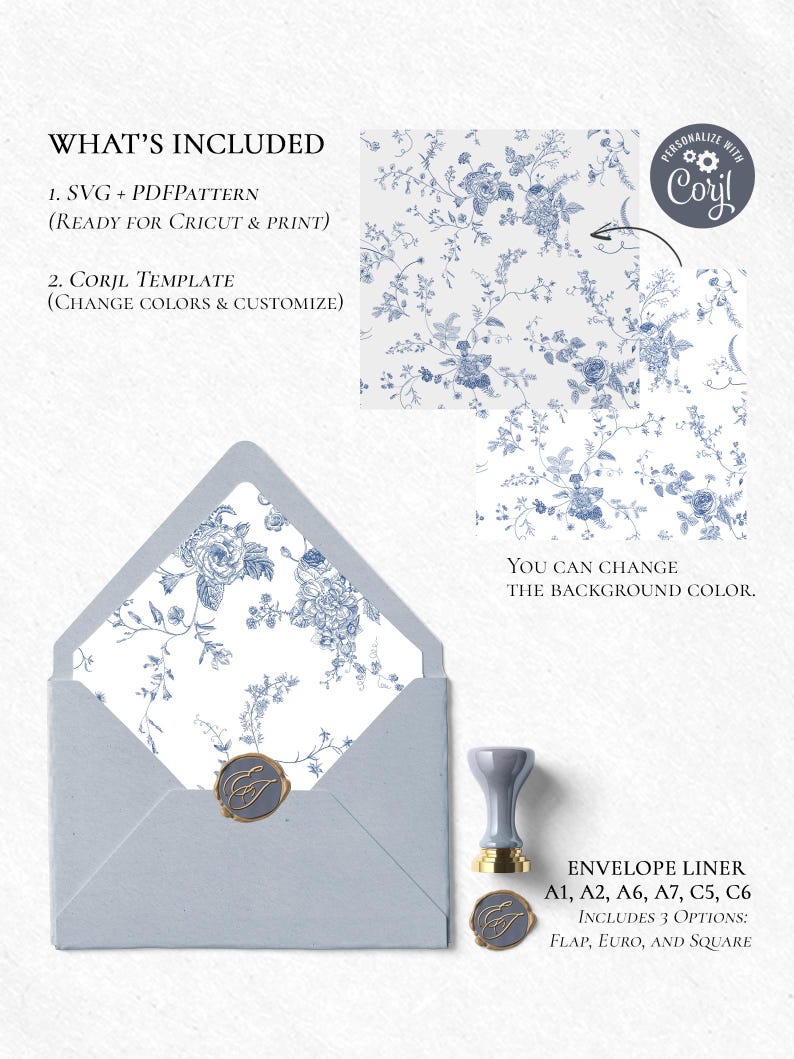 Monogram Blue Envelope Liner Template, DIY Envelope Liner Printable Template, Wedding Envelope Liner Template, PDF SVG Digital Download