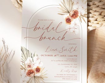 Burnt Orange Flowers Bridal Brunch Invitation Template Canva, Boho Floral Bridal Shower Invite, Terracotta Cream Arched Brunch Invitation