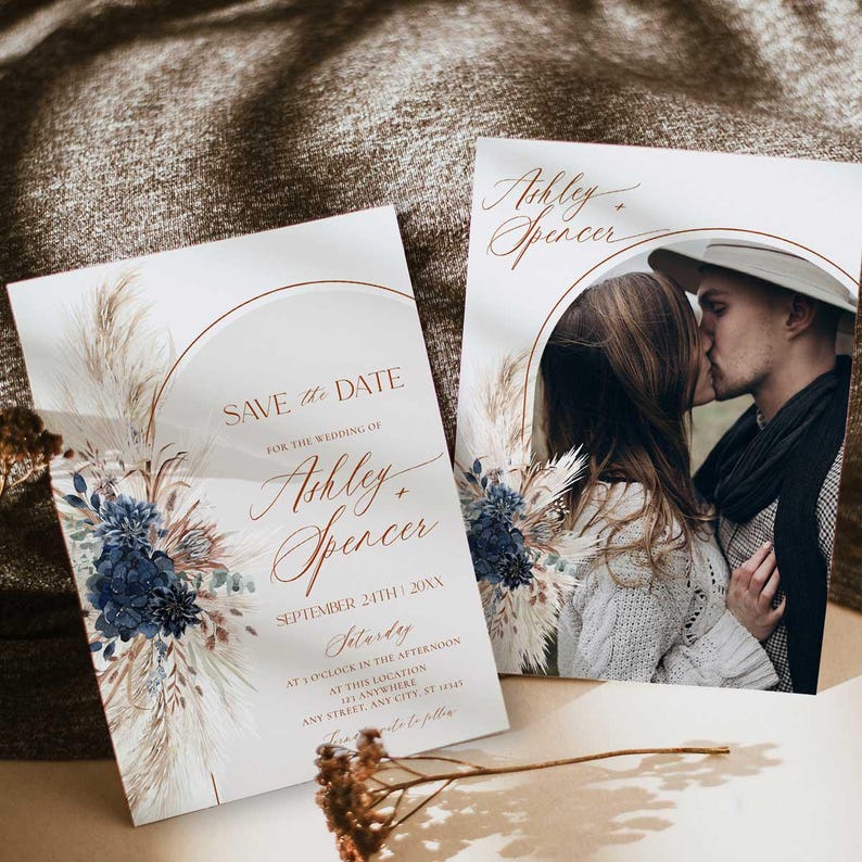 Navy Blue Save The Date Template With Photo, Boho Save The Date Card, Bohemian Pampas Rustic Wedding Printable Download E059