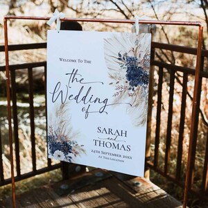 Navy Blue Wedding Welcome Sign Template, Boho Wedding Sign Template, Pampas Signage Printable E108