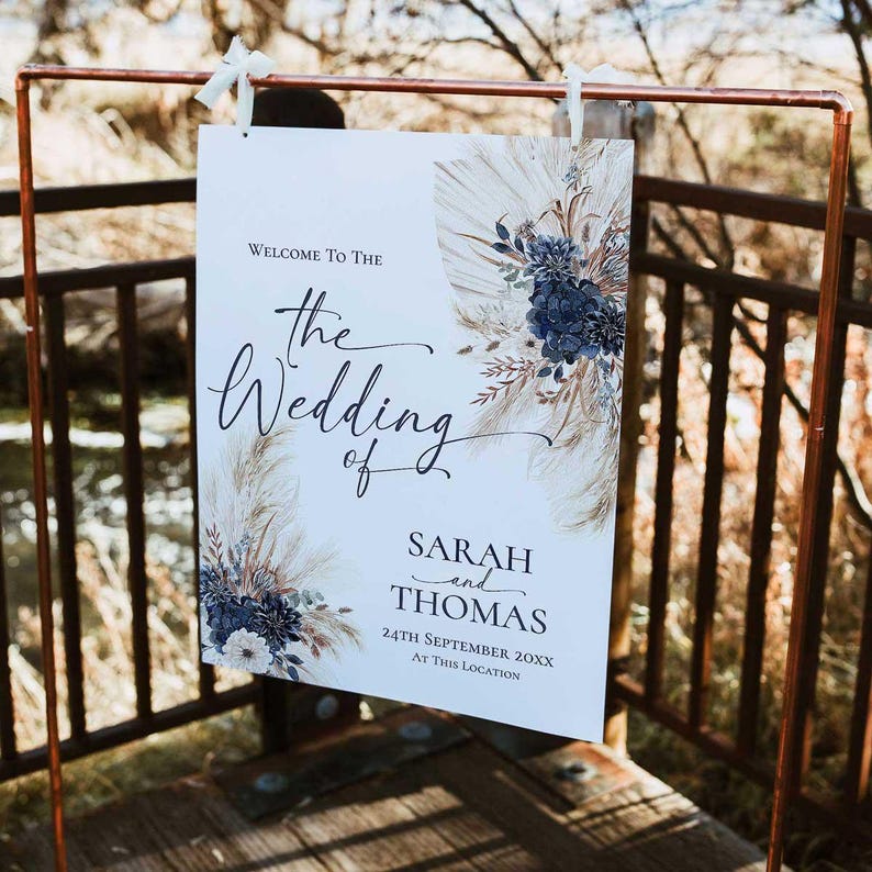 Navy Blue Wedding Welcome Sign Template, Boho Wedding Sign Template, Pampas Signage Printable E108