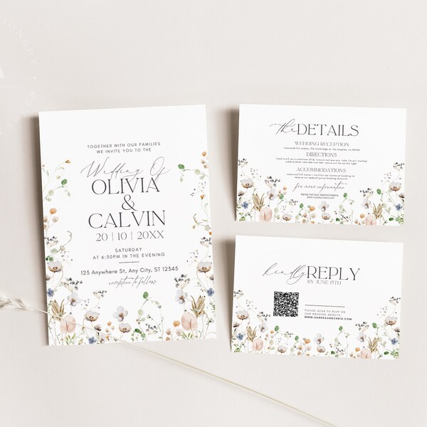 Wildflower Wedding Invitation Suite, Floral Wedding Invite Set Template, Minimalist Modern Wedding Invite with Photo QR Code #371