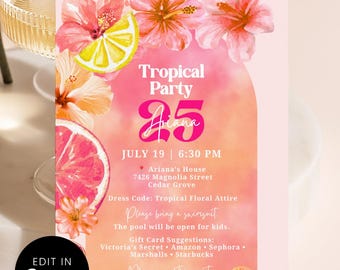 Bright Pink Tropical Birthday Invitation, Lemon Slice & Hibiscus Floral Card, Grapefruit Summer Party, Canva Editable Template