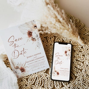 May include: A rectangular Save the Date card and a smartphone displaying the same design, featuring floral illustrations in muted tones and copper-colored text reading Jessica Hooper and Richard Anderson, Saturday 24 Sep, 20XX.