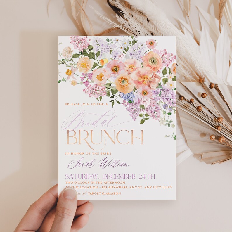 May include: A floral bridal brunch invitation with a watercolor design of pink, purple, and yellow flowers. The text reads "Please join us for a Bridal Brunch in honor of the bride Sarah William Saturday, December 24th Two o'clock in the afternoon This location - 123 Anywhere, Any St., Any City 12345 Target & Amazon"