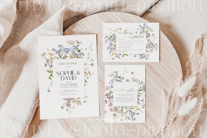 Wildflower Wedding Invitation Suite Template Botanical Wedding Invite Set Floral Garden Wedding Invitation Set Boho Save the