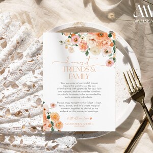 Peach Citrus Bridal Shower Menu Template: Floral Thank You Note (Digital Download) B007