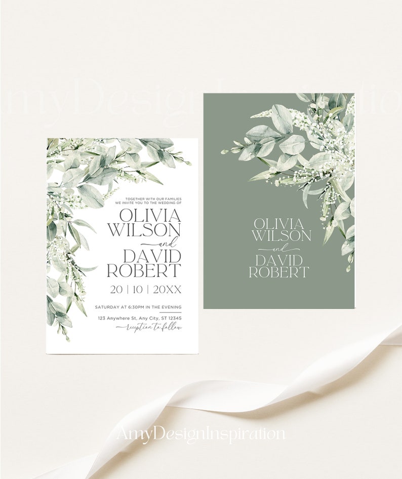 Sage Green Wedding Invitation Suite Template Minimal Wedding - Etsy