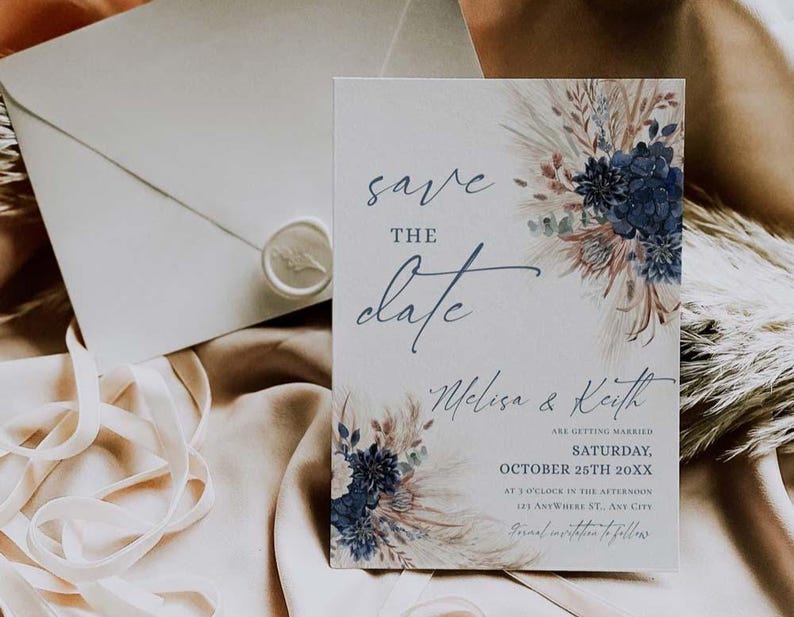 Navy Rust Wedding Save The Date Template with Photo, Boho Save The Date Cards Printable Download E017