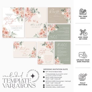 May include: A wedding invitation suite template set featuring floral arrangements of pink roses and pampas grass on blush and sage green backgrounds. Includes invitation, RSVP, details, thank you, and gift cards with editable text.