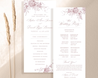 Pink Floral Monogram Wedding Program Template (Digital Download) D031