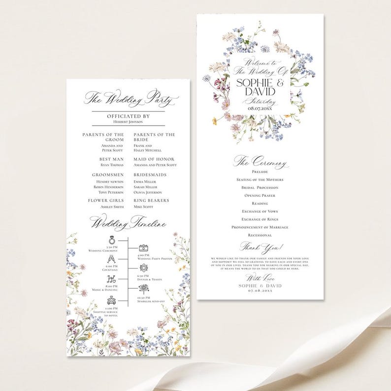 May include: A wedding ceremony program with a floral design featuring a wreath of blue and pink flowers. The program includes the wedding party, ceremony details, and a wedding timeline. The text reads "Welcome to the Wedding of Sophie & David Saturday 08.07.20XX".