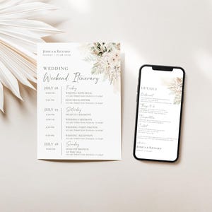 Modelo de cartão de eventos de casamento minimalista, modelo de itinerário de casamento com vegetação, nota de bolsa de boas-vindas de casamento, cronograma de eventos D024