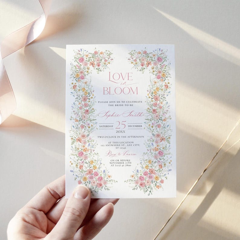 Spring Floral Bridal Brunch Invitation Template, Love in Bloom Bridal Brunch Invite, Vintage Pastel Bridal Shower Brunch Invitation A056