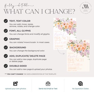 May include: A customizable wedding invitation template with a floral design. The template features a pink and white floral pattern with a light pink background. The text on the template reads "Bridal Brunch" and "Sarah William". The template is fully editable and allows for changes to the text, font, graphics, background, and page layout. The template can be printed double-sided and includes a note that the size and orientation of the template cannot be changed.