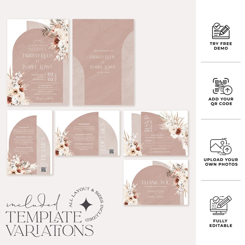 May include: A set of wedding invitation templates with a modern, minimalist design. The invitations feature a blush pink background with a semi-circle shape and a floral arrangement in shades of cream and brown. The text on the invitations reads "Jarred Ellis & Isabel Lowe".