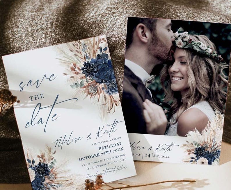 Navy Rust Wedding Save The Date Template with Photo, Boho Save The Date Cards Printable Download E017