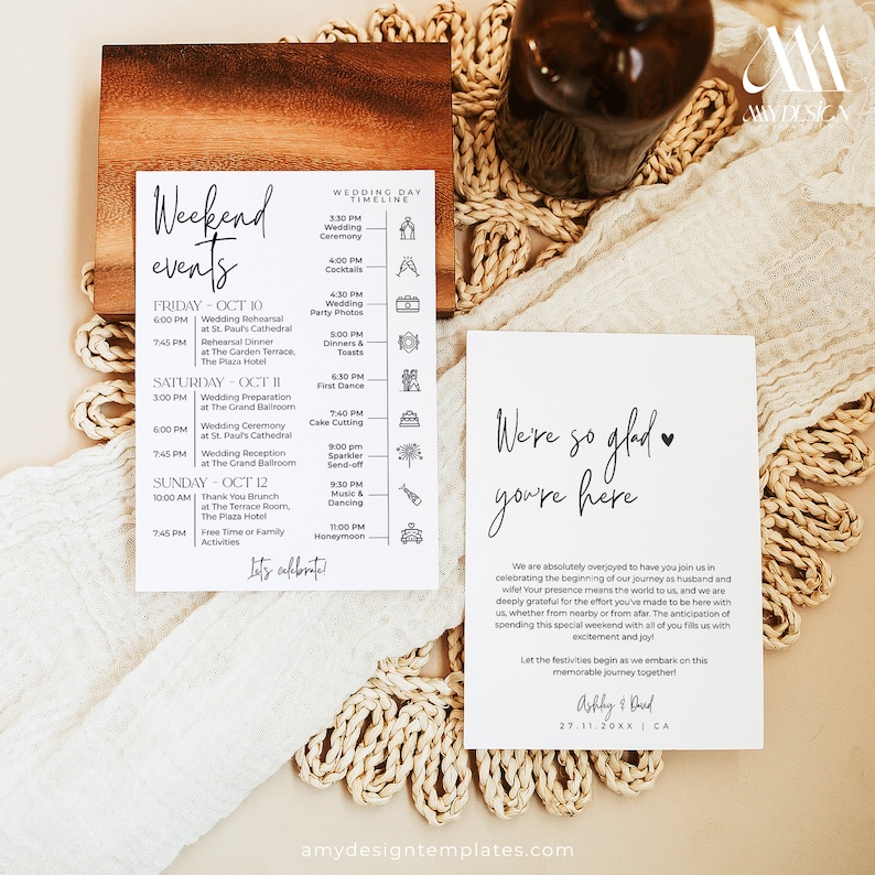 Minimalist Wedding Events Card Template, Weeding Itinerary Template, Wedding Welcome Bag Note, Schedule Events Timeline Editable image 3