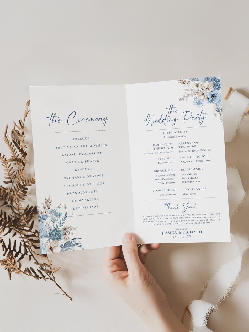 Blue Floral Catholic Wedding Program Template, Catholic Ceremony Programs (Digital Download) D018