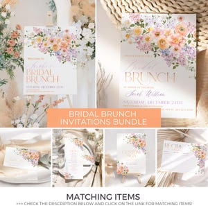 May include: A set of printable bridal brunch invitations with a floral design in shades of pink, purple, and peach. The invitations include a welcome sign, a menu, a custom sign, and a recipe card. The text on the invitations reads "Welcome to Sarah's Bridal Brunch" and "Please join us for a Bridal Brunch in honor of the bride Sarah William".