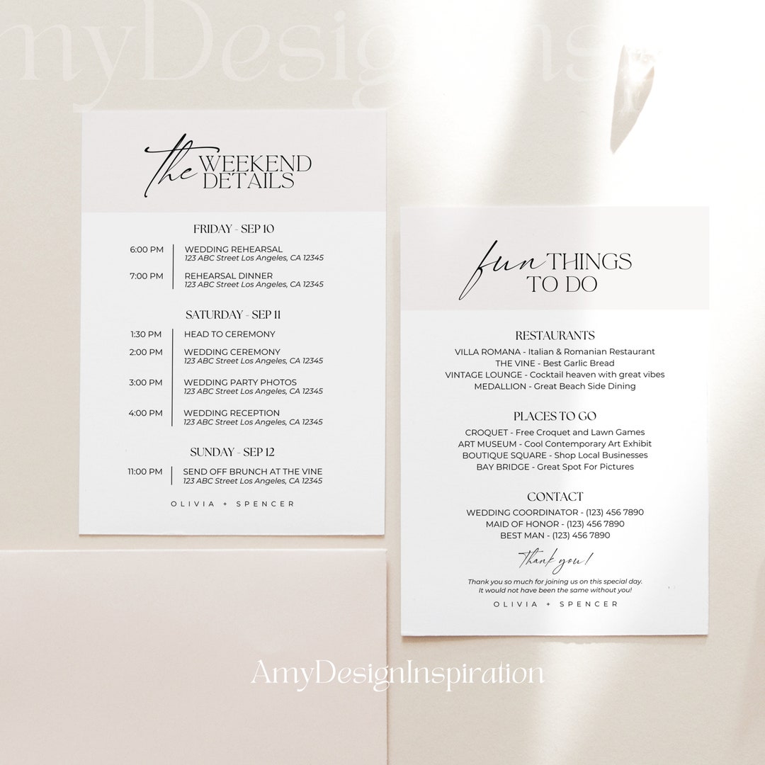 Wedding Itinerary Template Printable, Minimalist Wedding Weekend ...