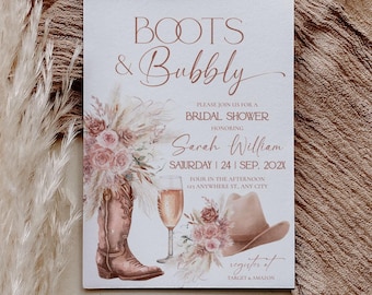 Boots and Bubbly Bridal Shower Invitation Template, Cowgirl Bridal Shower Invite, Rustic Western, Pink Boho Floral Coastal Cowgirl, Editable