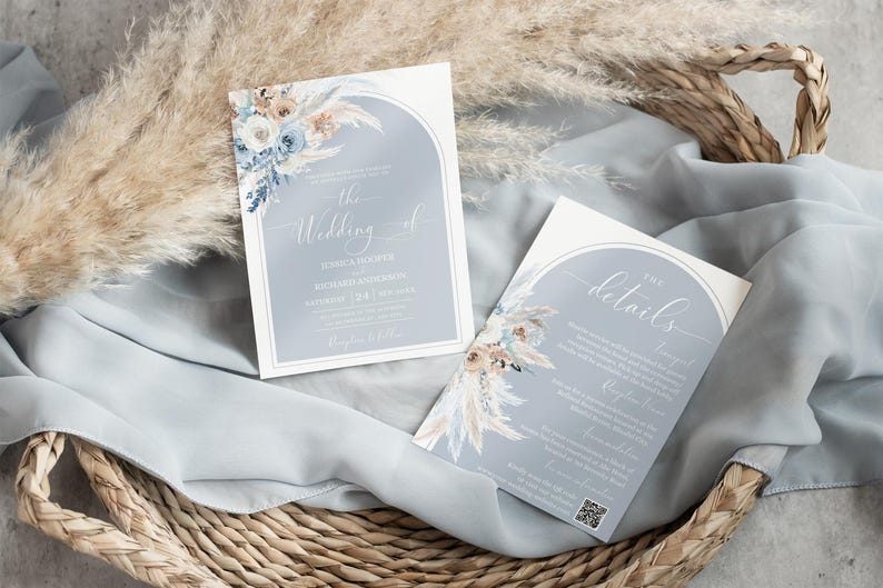 May include: Two wedding invitations with a blue and white floral design. The top invitation says "The Wedding of" and the bottom invitation says "The Details".
