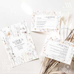 Sjabloon bruiloft uitnodiging wilde bloemen, geperste bloem bruiloft uitnodiging suite sjabloon, wilde bloem Save The Date Cards Meadow E007
