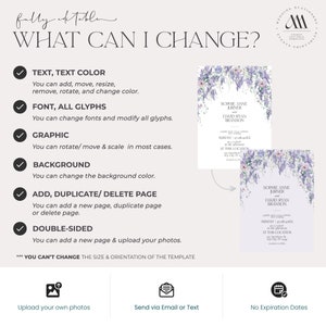 May include: An informational graphic titled WHAT CAN I CHANGE? detailing editable features for a wedding invitation template. It lists options for text, fonts, graphics, backgrounds, and pages, alongside two examples of floral-themed invitations.