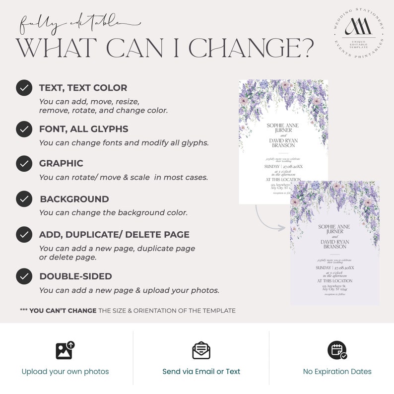 May include: An informational graphic titled WHAT CAN I CHANGE? detailing editable features for a wedding invitation template. It lists options for text, fonts, graphics, backgrounds, and pages, alongside two examples of floral-themed invitations.