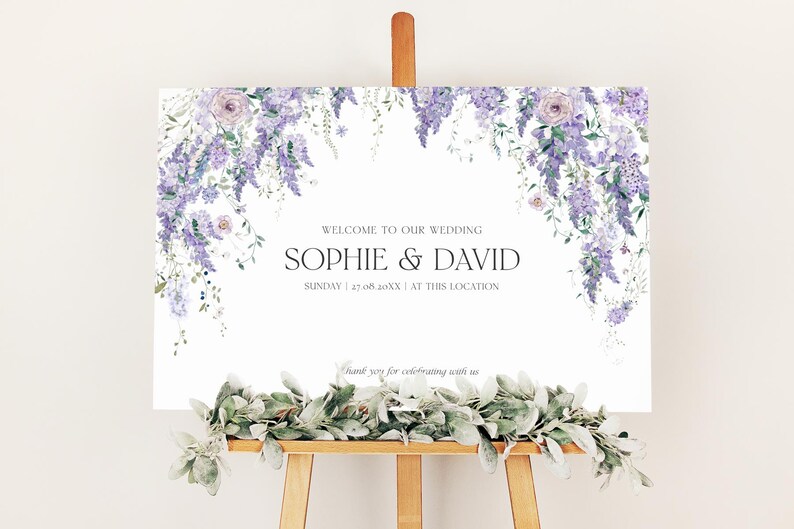 Purple Wisteria Wedding Welcome Sign Template, Welcome to Our Wedding Sign, Purple Wedding Signage, Floral Welcome Sign Welcome Poster D014