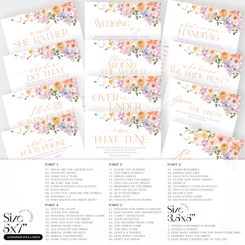 50 Bridal shower games bundle, Floral bridal shower bundle, Games Printable, Shower Games B048
