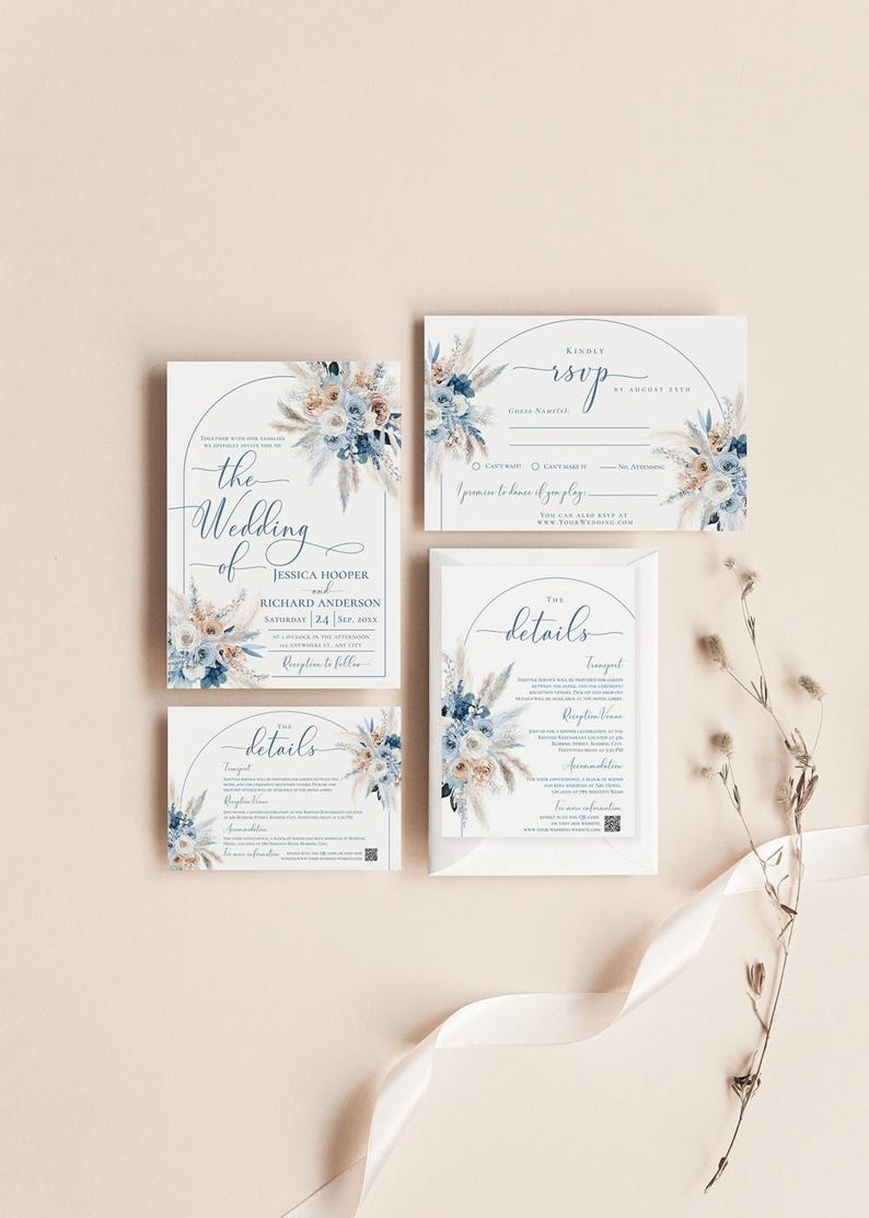May include: Wedding invitation suite with a blue and white floral design. The invitation features the text "the Wedding of Jessica Hooper and Richard Anderson" with the date "Saturday 24, Sep. 2023". The RSVP card includes the text "Kindly RSVP by August 27th".