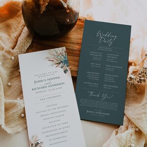 May include: Two wedding programs, one white and one teal, with floral accents and elegant script. The white program lists the ceremony details and the names of the couple, Jessica Hooper and Richard Anderson. The teal program lists the wedding party.