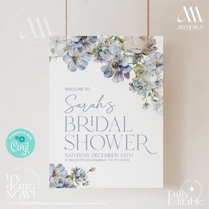 Dusty blue floral bridal shower poster, Blue bridal shower sign template, Welcome sign printed B011
