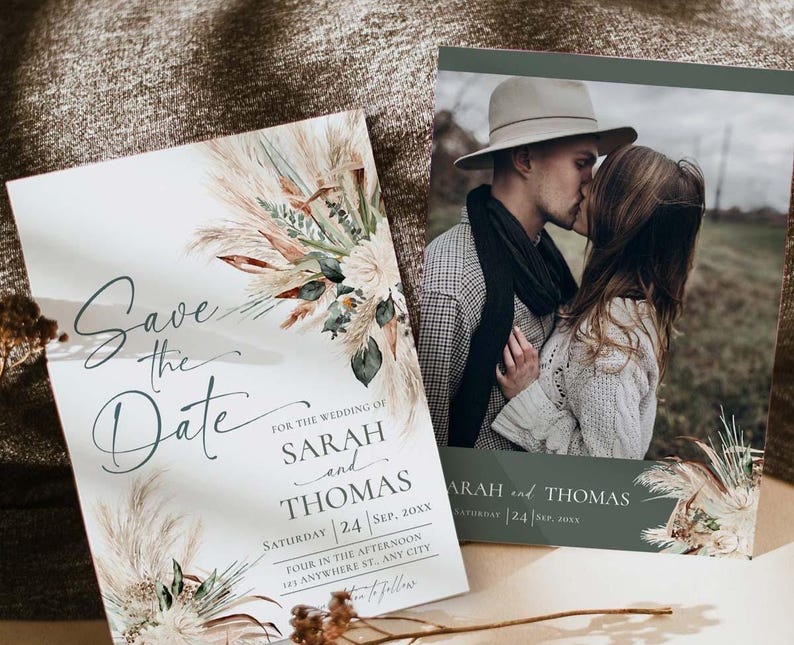 Greenery Wedding Save The Date Template with Photo, Sage Green Save The Date Card, Boho Wedding Printable E008