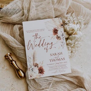 Boho Wedding Invitation Card Template, Terracotta Wedding Invite Template, Editable Fall Wedding Invite Cards Printable Pampas grass D021