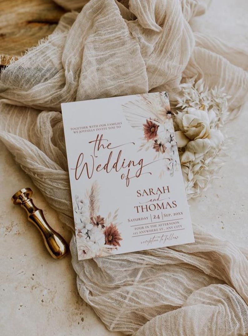 Boho Wedding Invitation Card Template, Terracotta Wedding Invite Template, Editable Fall Wedding Invite Cards Printable Pampas grass D021